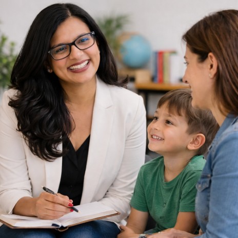 Sabina Bashir consulting with a parent and child about learning support at home
